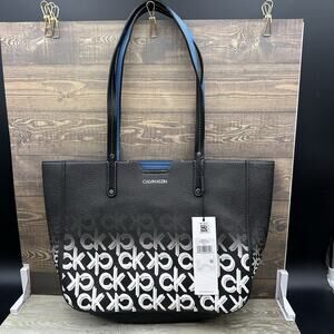 Calvin Klein Dilan Magnetic Closure Black Blue White Tote Bag Womens Logo Purse